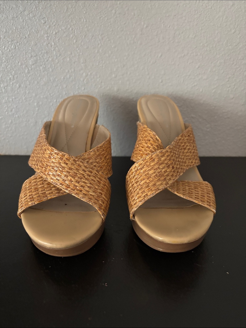 Nine West Tan Woven Crisscross Wedge Mules
